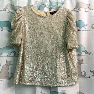 Rachel Zoe Champagne Silver Sequin Short Sleeve Too Ruched Sleeve